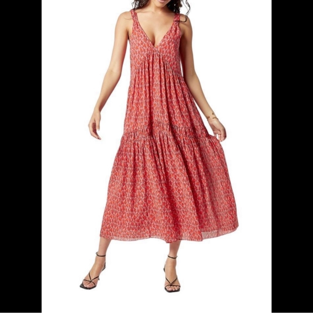 New JOIE Tea Rose Midi Maxi Sun Dress Geo Airy Cotton VNeck Pullover Bondi Blue